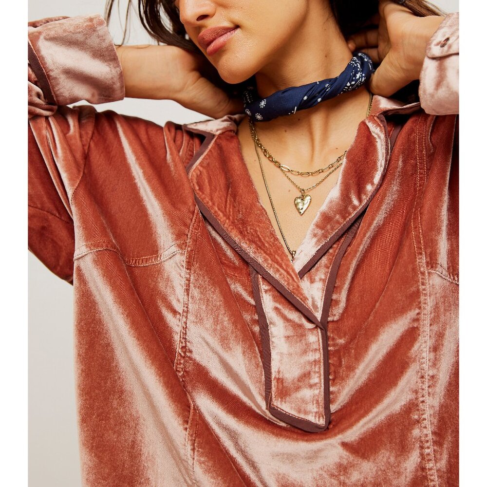 FREE PEOPLE We The Free Luxy Solid Velvet Shirt / Cedar Wood - Picture 4 of 9
